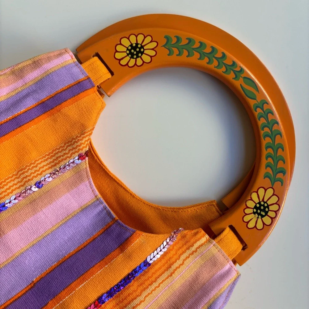 Hand-Painted Wooden Handle Boho Striped Bag - Picture 8 of 9